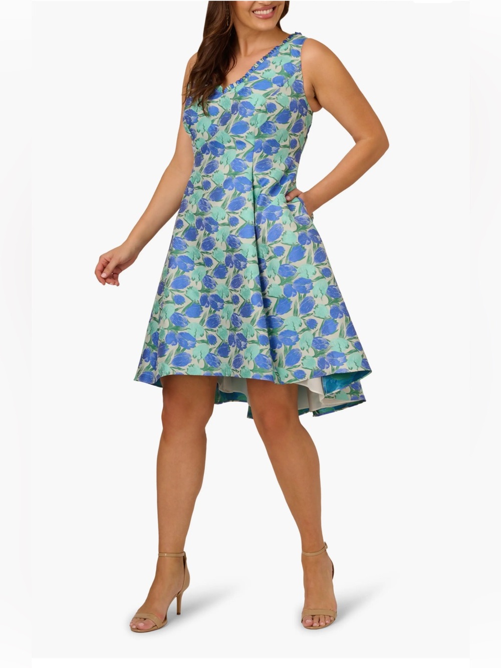 Adrianna Papell Blue and Green High-Low Floral V-Neck Dress